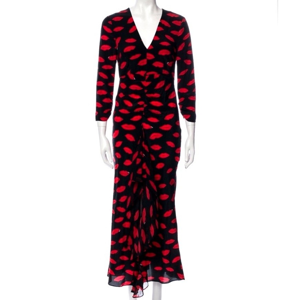 RIXO silk open back midi dress three quarter sleeve ruffle front kiss lip M
